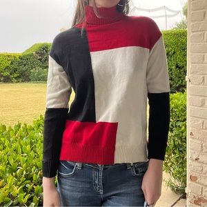 Red White and Black Color Block Fleece Lined Turtle Neck